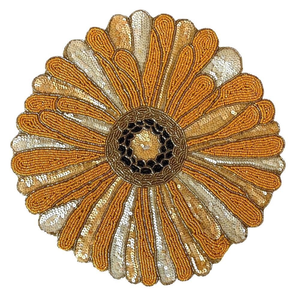 Tahari SUNFLOWER Glass Hand Beaded Placemat Charger 15in Yellow Gold Floral NEW